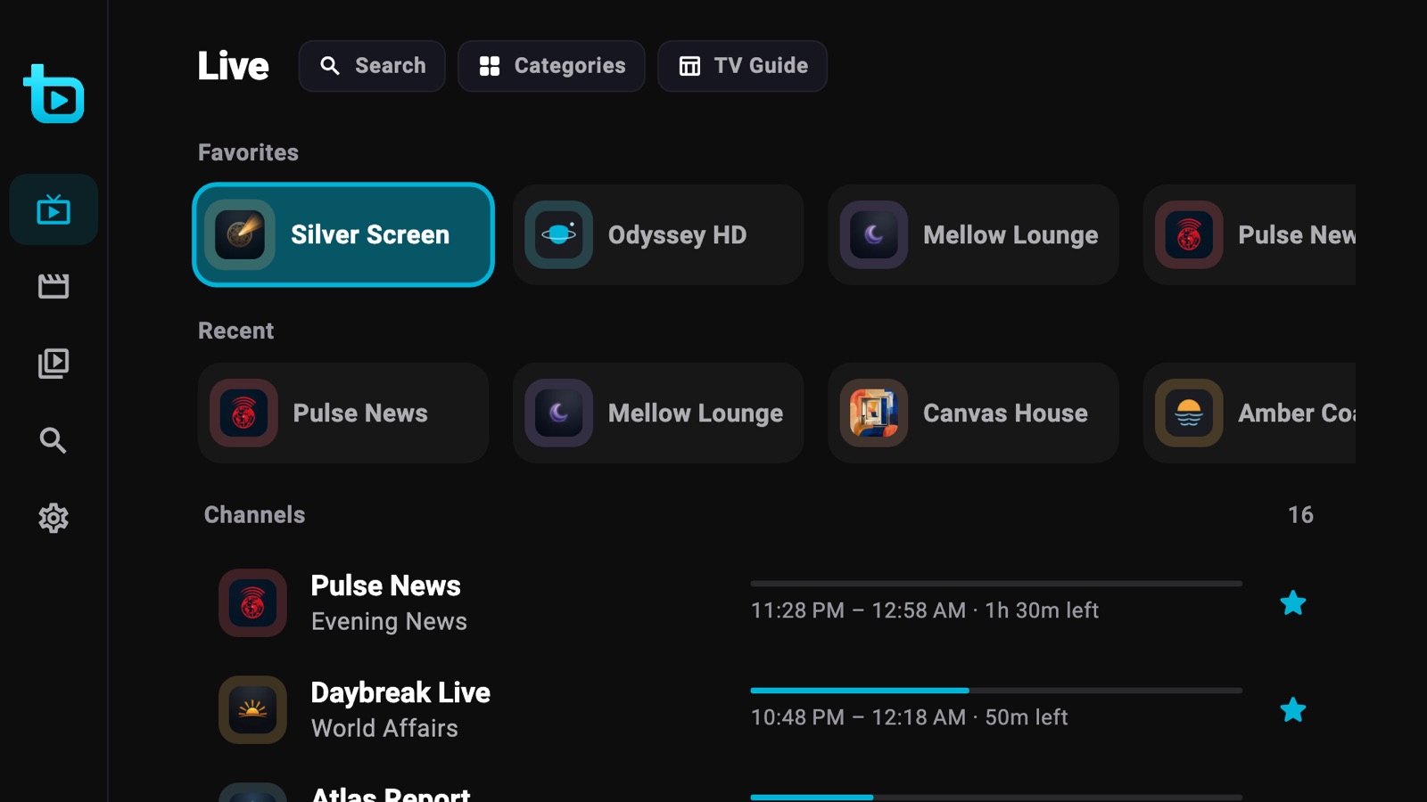 Teevu on Android TV, showing live channels with what's on now
