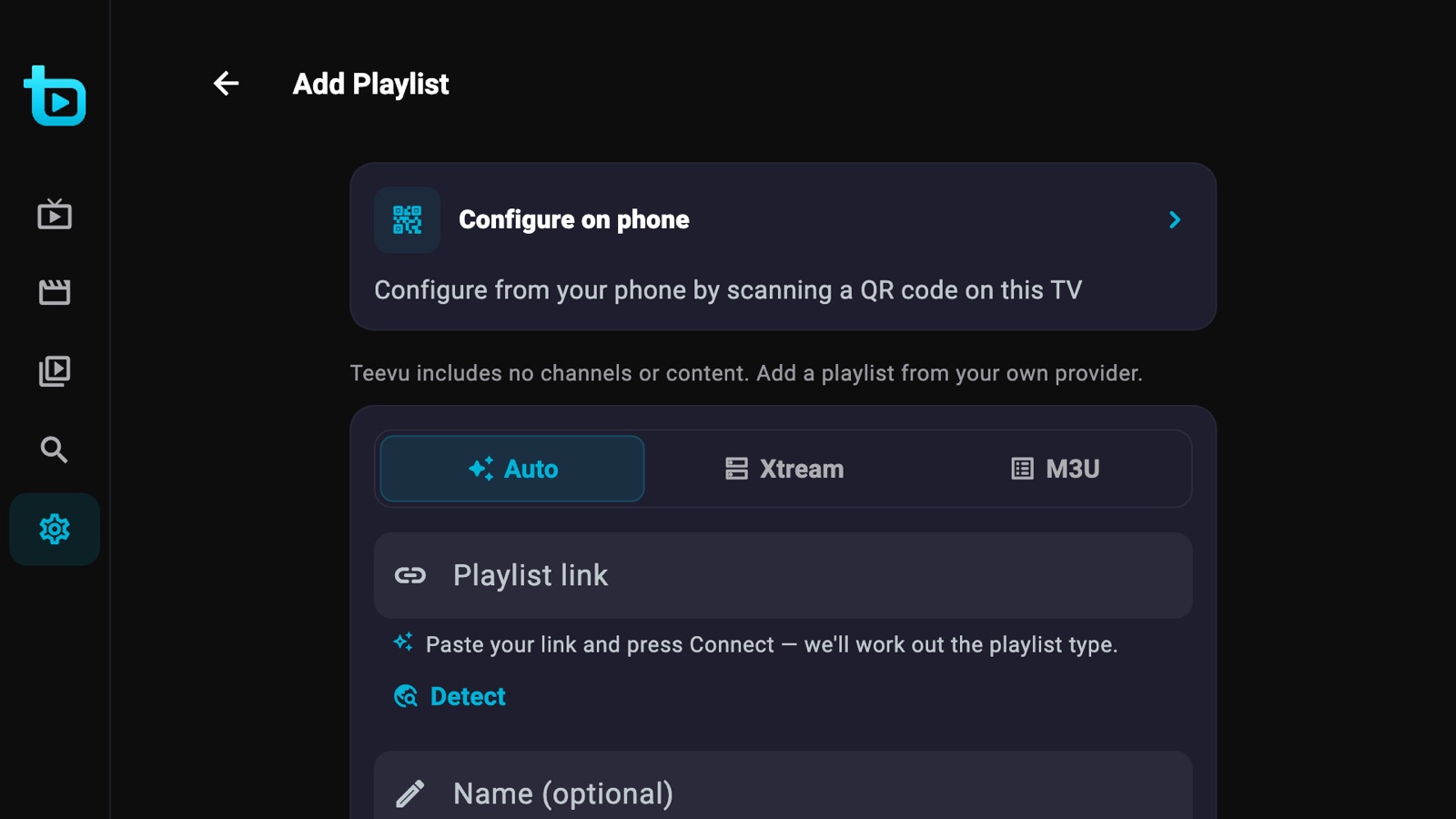 Teevu on Android TV: the Add Playlist screen with the Configure on phone option